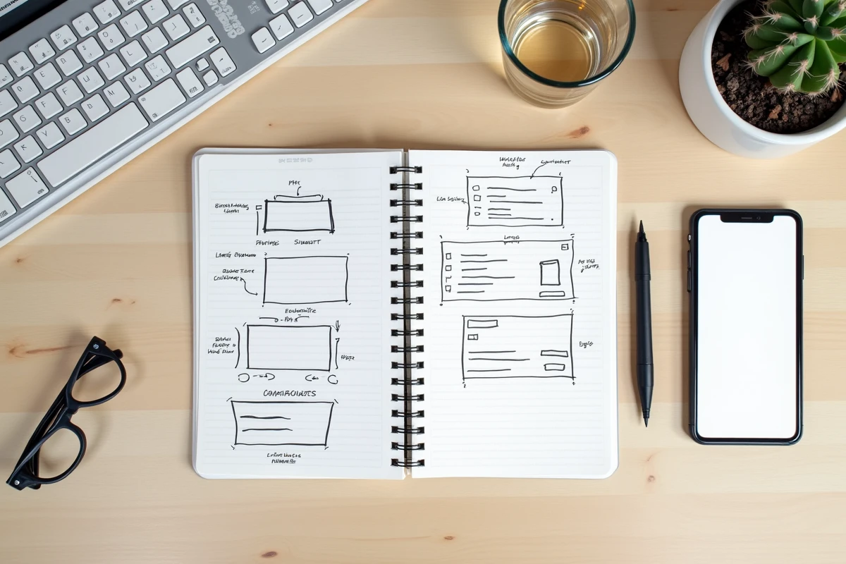 Vue aérienne d'un bureau avec croquis de popups annotés en CSS et smartphone affichant une interface modale