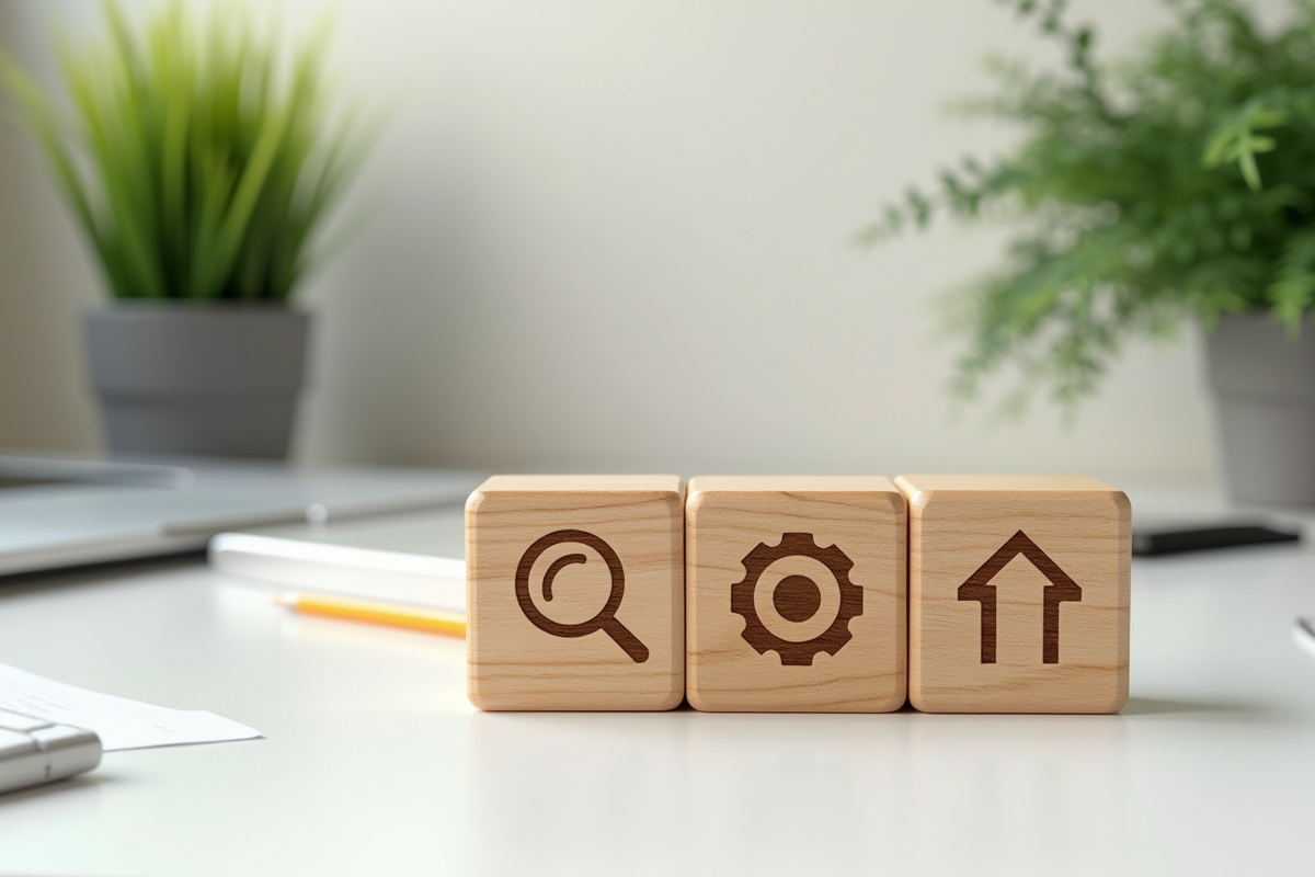 Trois cubes en bois avec icônes SEO sur un bureau lumineux