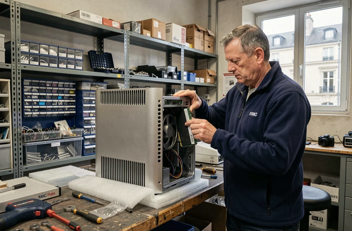 Technicien DBLI Informatique du Nord installant un SSD dans un Mac Pro ouvert sur son établi de réparation régional