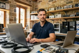 Technicien informatique en Dordogne travaillant dans un atelier de dépannage informatique professionnel