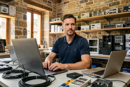 Technicien informatique en Dordogne travaillant dans un atelier de dépannage informatique professionnel