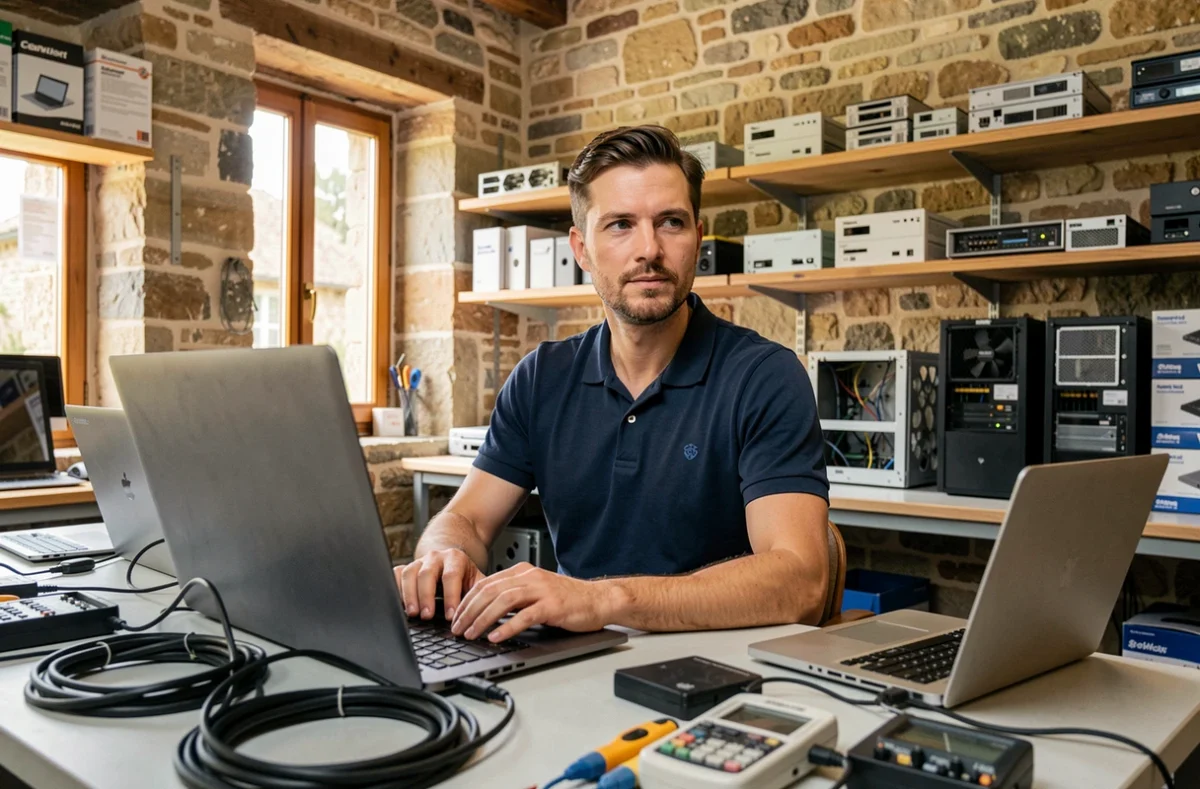 Technicien informatique en Dordogne travaillant dans un atelier de dépannage informatique professionnel