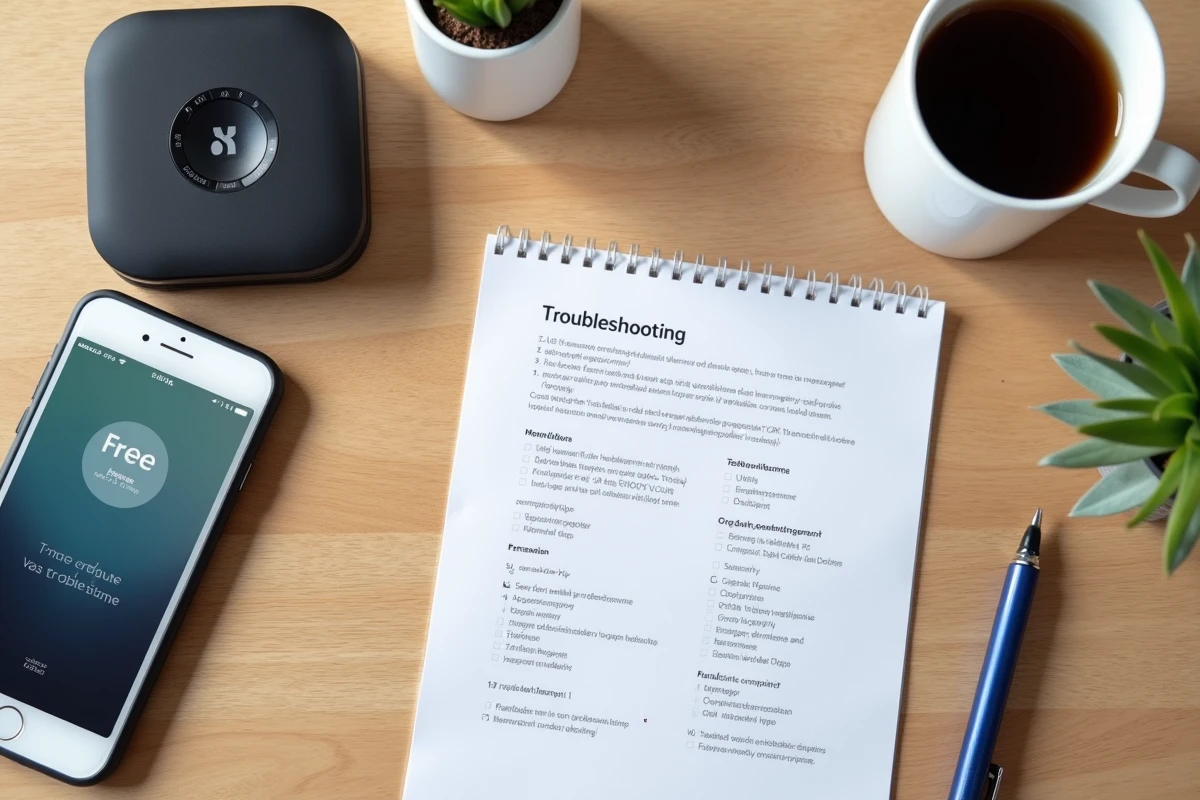Vue de dessus d'une télécommande Free posée à côté d'un smartphone avec l'application Free et une Freebox sur un bureau en bois