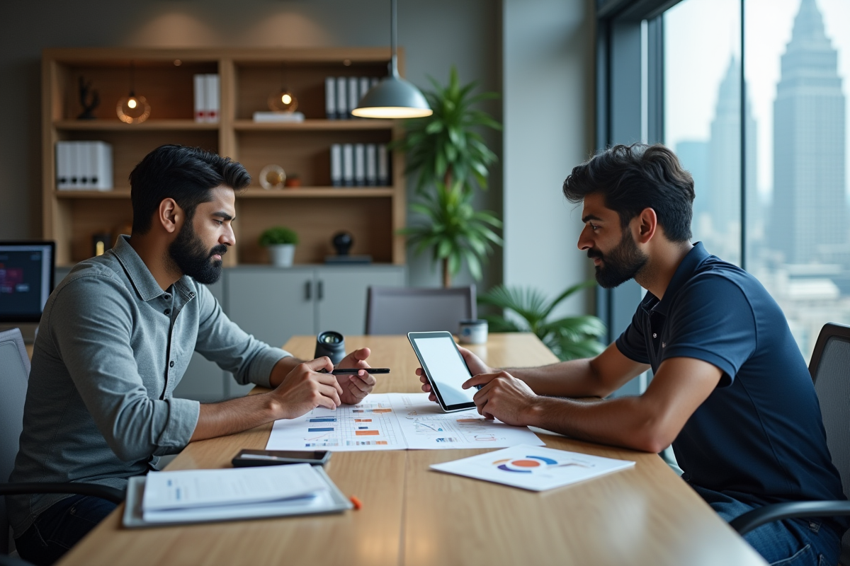 Deux hommes indiens analysent des maquettes web en réunion