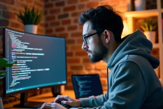 Développeur utilisant la commande popd dans un terminal bash sur un écran ultrawide dans un bureau moderne