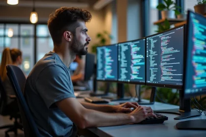 Développeur web concentré sur du code CSS structurant des popups sur deux écrans ultralarges dans un bureau moderne