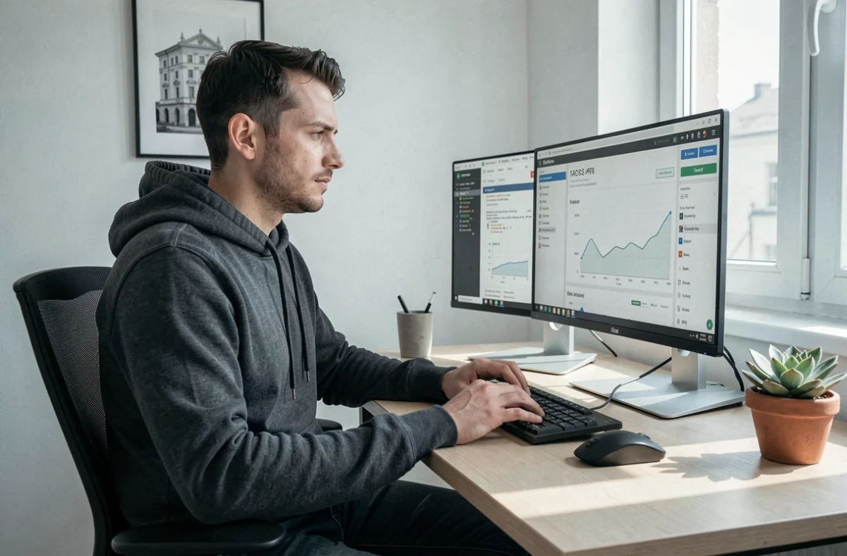 Développeur SaaS travaillant seul sur des tableaux de bord de performance logicielle dans un bureau à domicile en Roumanie