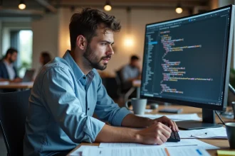 Développeur concentré analysant du code VBA avec des boucles For dans un éditeur de code sur un grand écran, bureau encombré de feuilles Excel imprimées