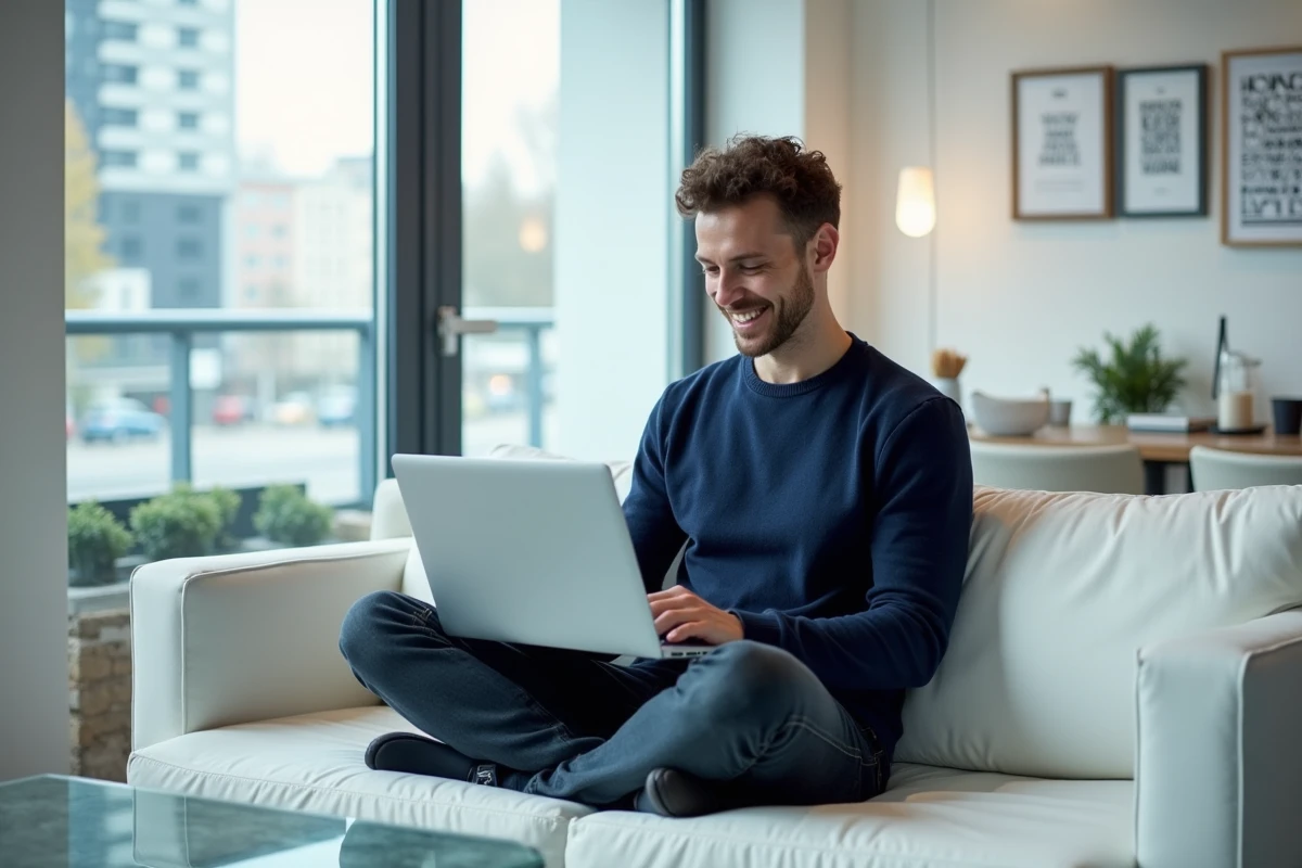 Développeur web indépendant travaillant sur la conception d'un site internet dans un espace de coworking lumineux