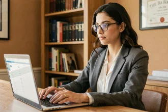 Diplômée d'AgroParisTech consultant sa boîte mail sur un ordinateur portable dans un bureau à domicile moderne