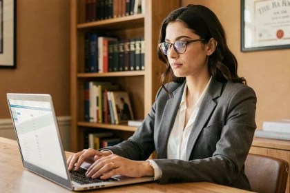 Diplômée d'AgroParisTech consultant sa boîte mail sur un ordinateur portable dans un bureau à domicile moderne