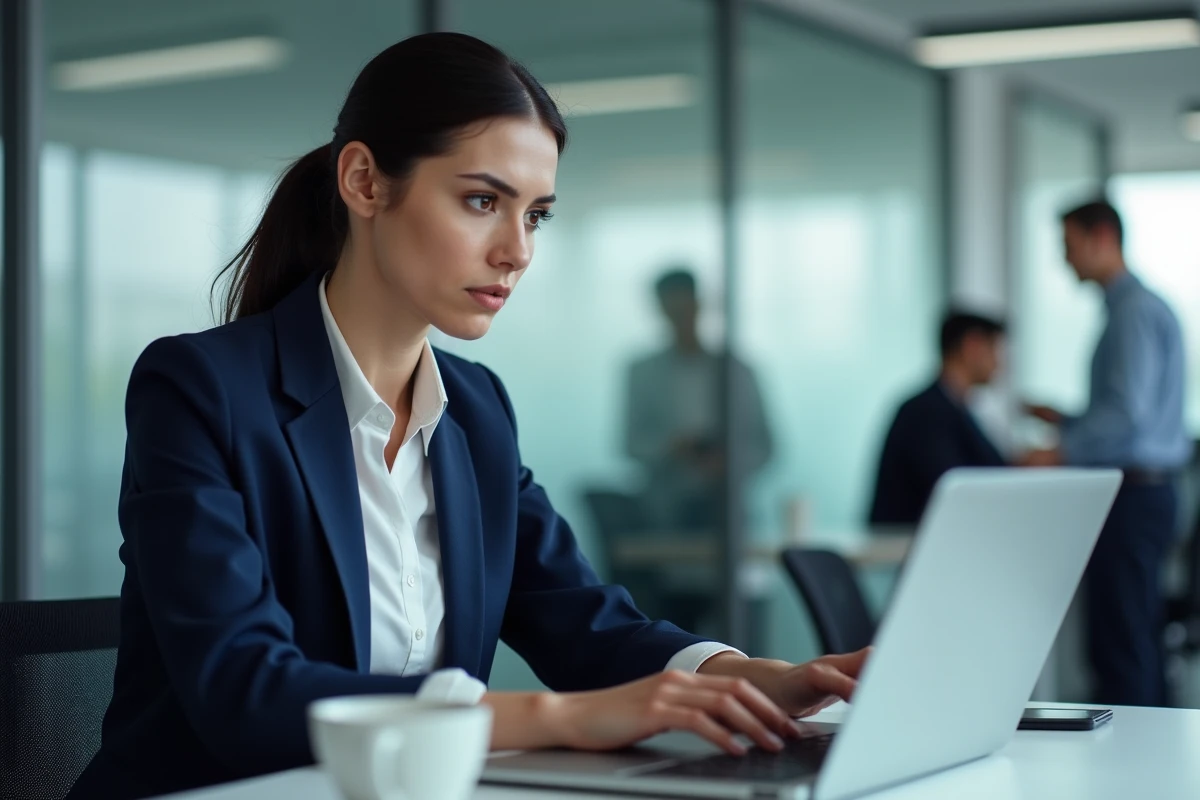 Employée EDF examinant un email suspect sur son ordinateur portable dans un bureau moderne pour détecter une tentative de phishing