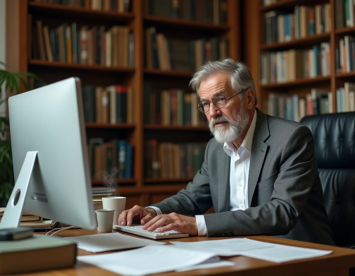 Enseignant universitaire gérant ses emails professionnels sur le webmail Montpellier depuis son bureau de faculté