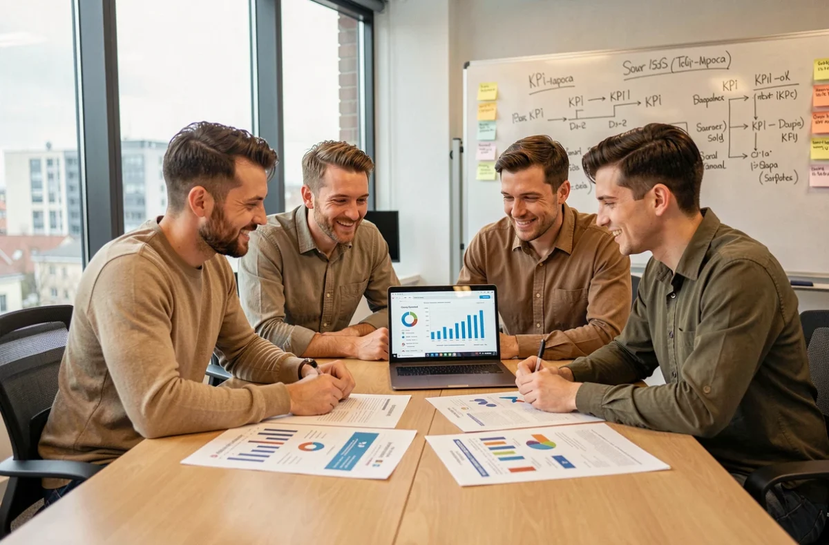 Équipe de développeurs et chefs de projet évaluant les métriques de succès d'un logiciel SaaS lors d'une réunion collaborative en Roumanie