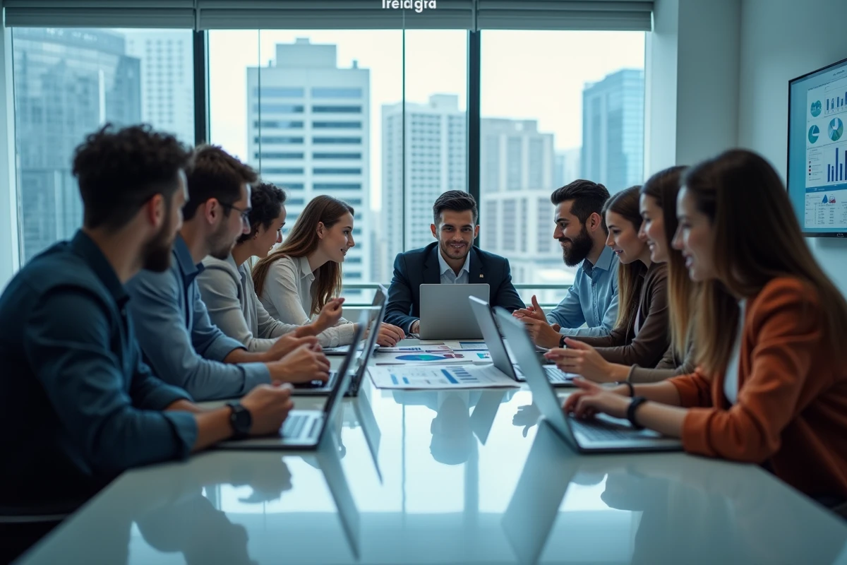 Groupe de jeunes professionnels discutant autour d