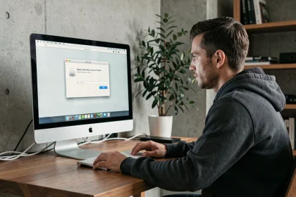 Développeur informatique analysant une erreur d'installation macOS sur un iMac dans un bureau minimaliste