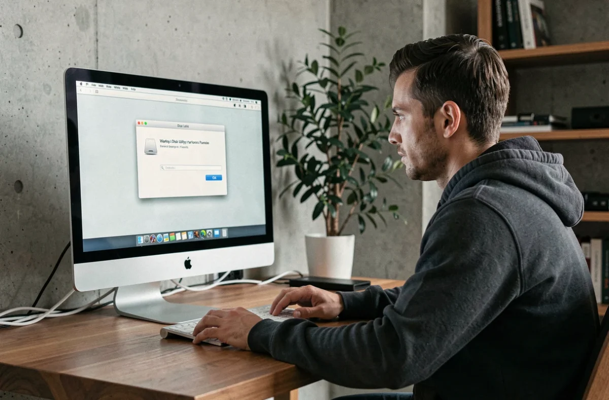 Développeur informatique analysant une erreur d'installation macOS sur un iMac dans un bureau minimaliste