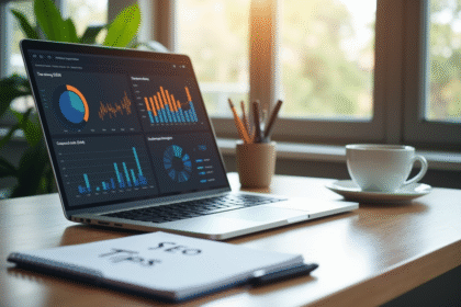 Espace de travail moderne avec un ordinateur affichant des analyses SEO