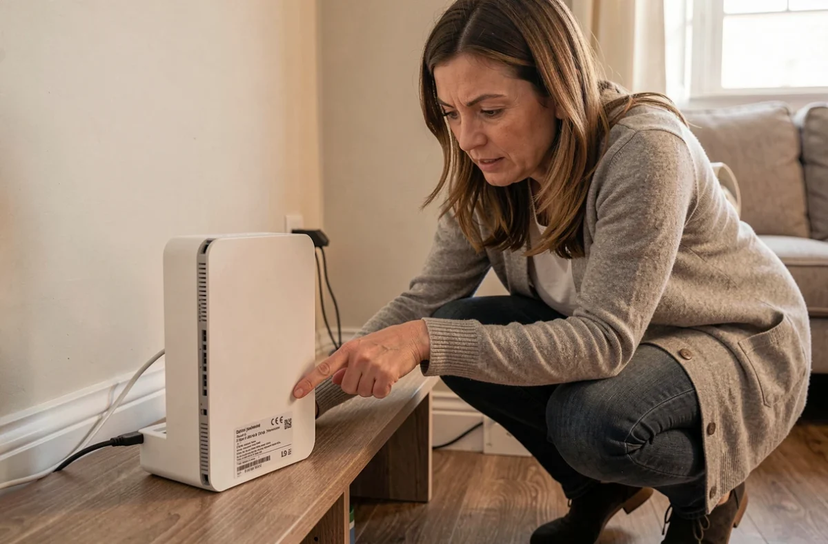 Femme inspectant l'étiquette sous sa box internet pour trouver l'adresse IP par défaut indiquée par le fabricant