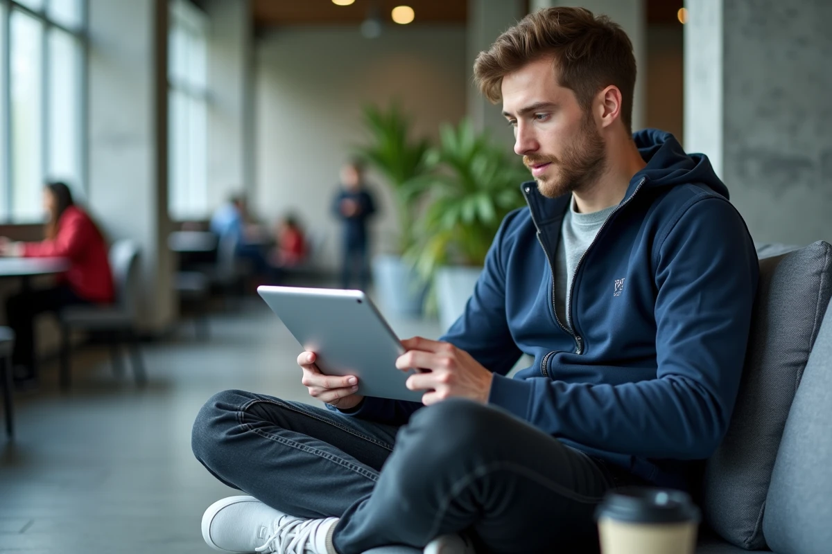Étudiant consultant son planning d'examens sur une tablette via l'intranet de l'université Lyon 3 dans un espace commun moderne