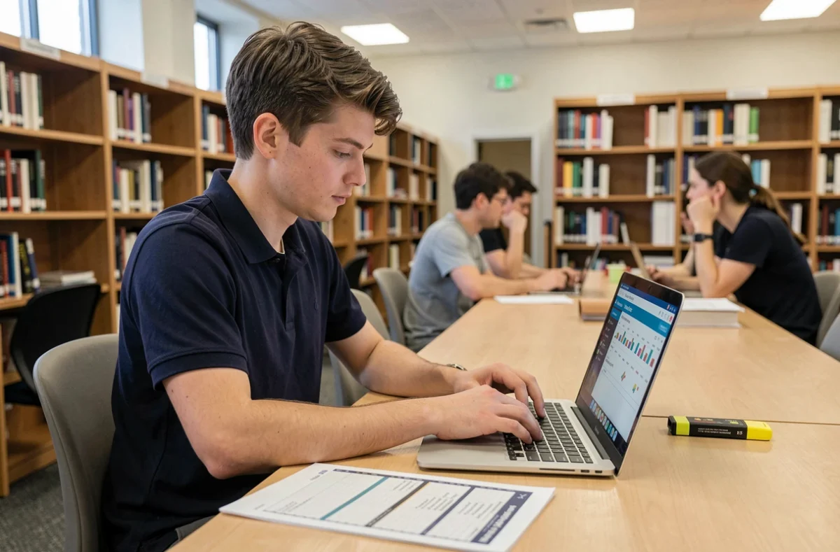 Étudiant utilisant un portail de gestion scolaire type MyGES sur son ordinateur dans une bibliothèque universitaire