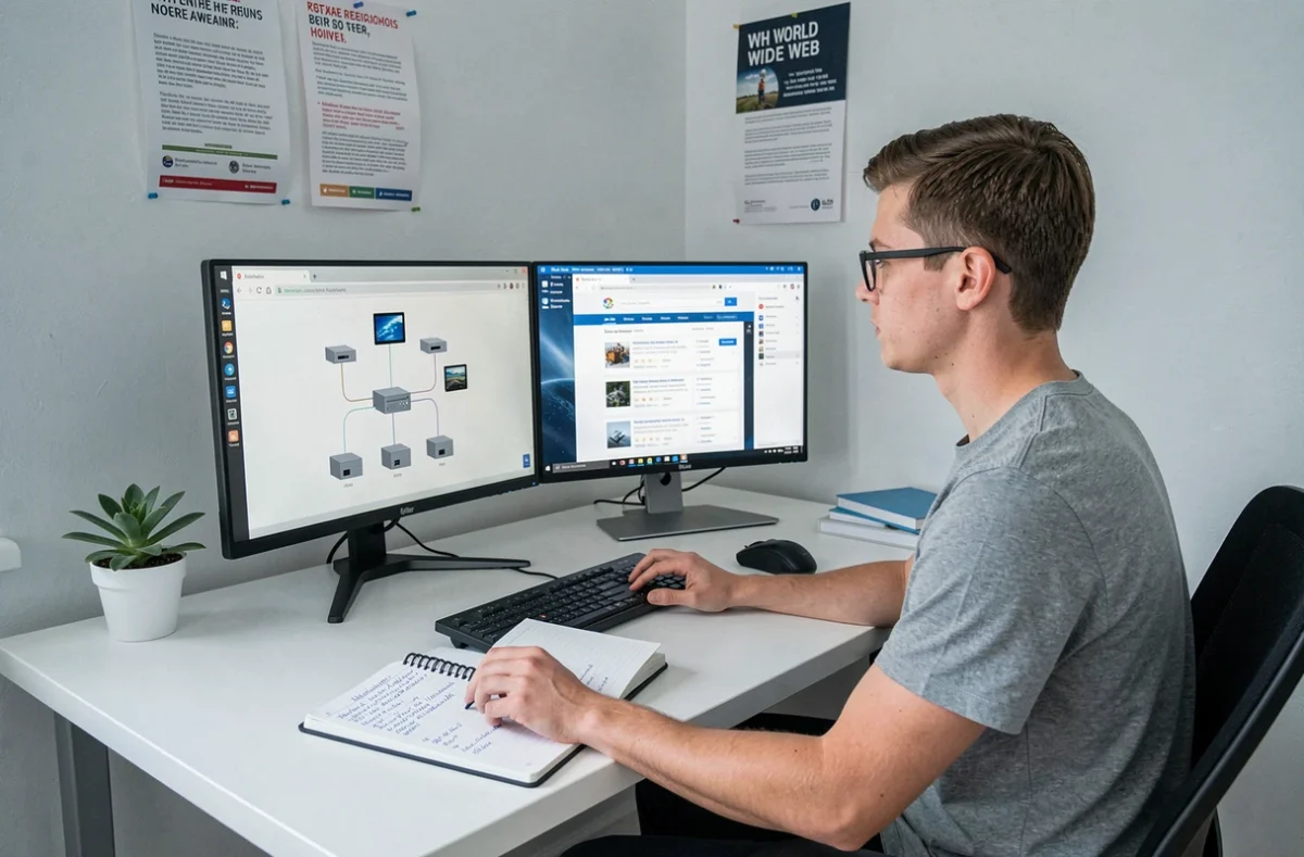 Étudiant révisant la différence entre internet et le web sur un double écran à son bureau personnel