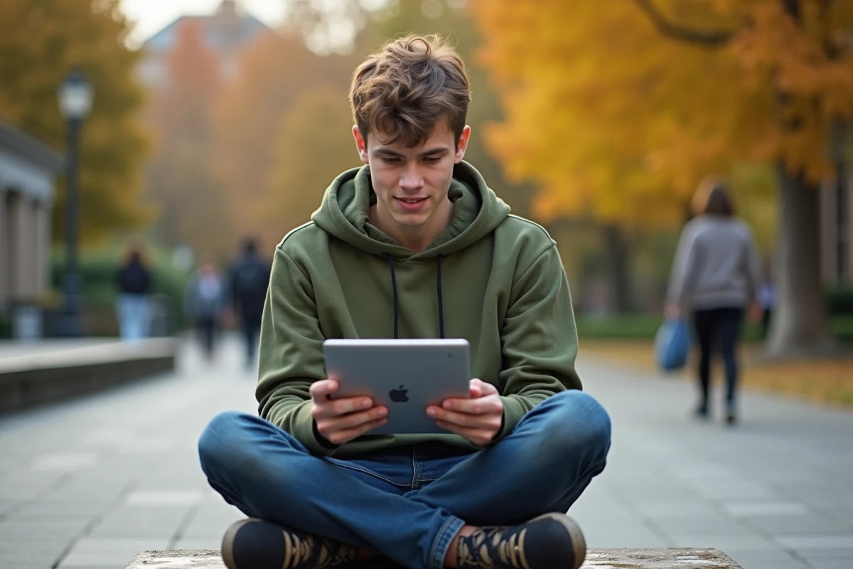 Étudiant utilisant une tablette pour récupérer son accès à la messagerie académique mel AC Normandie