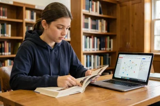 Étudiante comparant internet et le web sur un ordinateur portable dans une bibliothèque universitaire