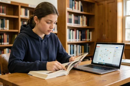 Étudiante comparant internet et le web sur un ordinateur portable dans une bibliothèque universitaire