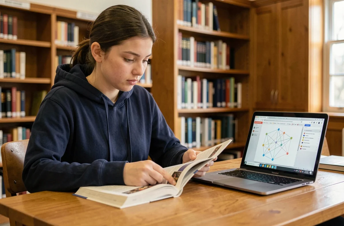 Étudiante comparant internet et le web sur un ordinateur portable dans une bibliothèque universitaire