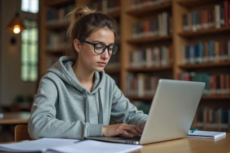 Étudiante consultant l'intranet Lyon 3 sur un ordinateur portable dans une bibliothèque universitaire pour préparer ses examens
