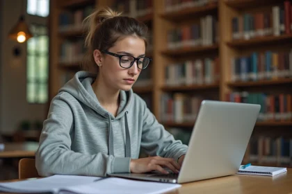 Étudiante consultant l'intranet Lyon 3 sur un ordinateur portable dans une bibliothèque universitaire pour préparer ses examens