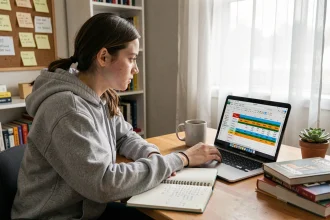 Étudiante consultant un tableau Excel de suivi de notes sur son ordinateur portable dans sa chambre d'étudiant