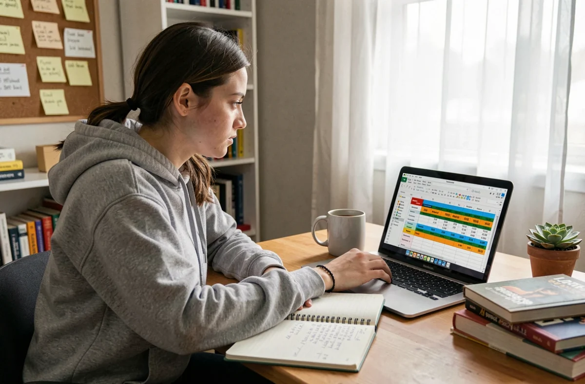 Étudiante consultant un tableau Excel de suivi de notes sur son ordinateur portable dans sa chambre d'étudiant