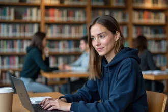 Étudiante utilisant le webmail de l'université de Montpellier sur son ordinateur portable dans une bibliothèque universitaire