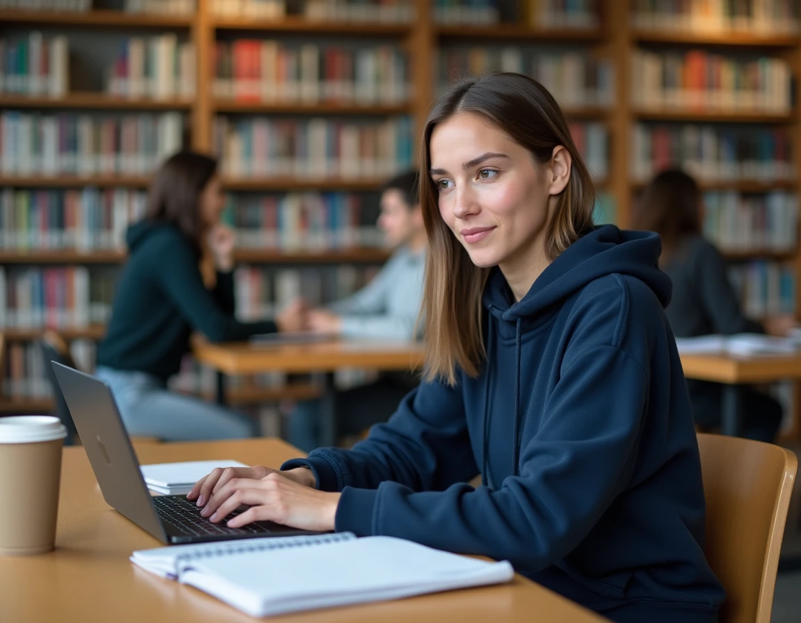Étudiante utilisant le webmail de l'université de Montpellier sur son ordinateur portable dans une bibliothèque universitaire