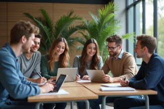 Groupe d'étudiants collaborant dans une salle moderne d'apprentissage
