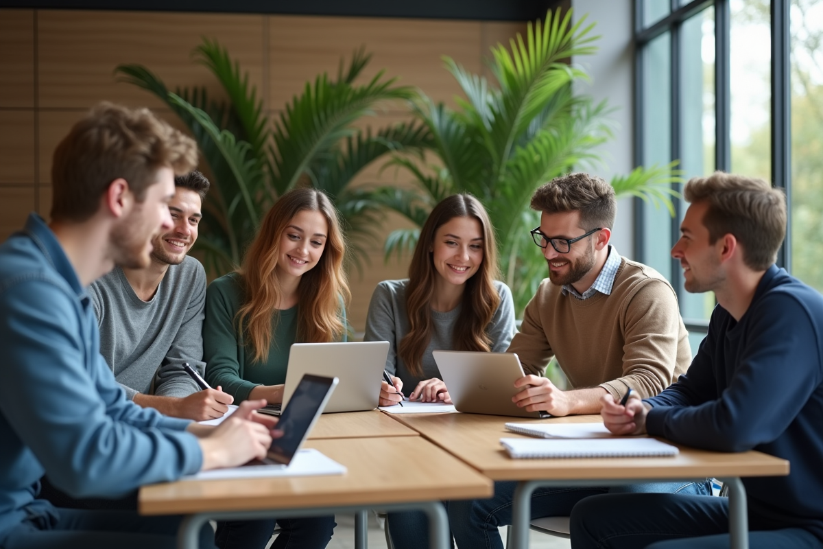 Groupe d'étudiants collaborant dans une salle moderne d'apprentissage