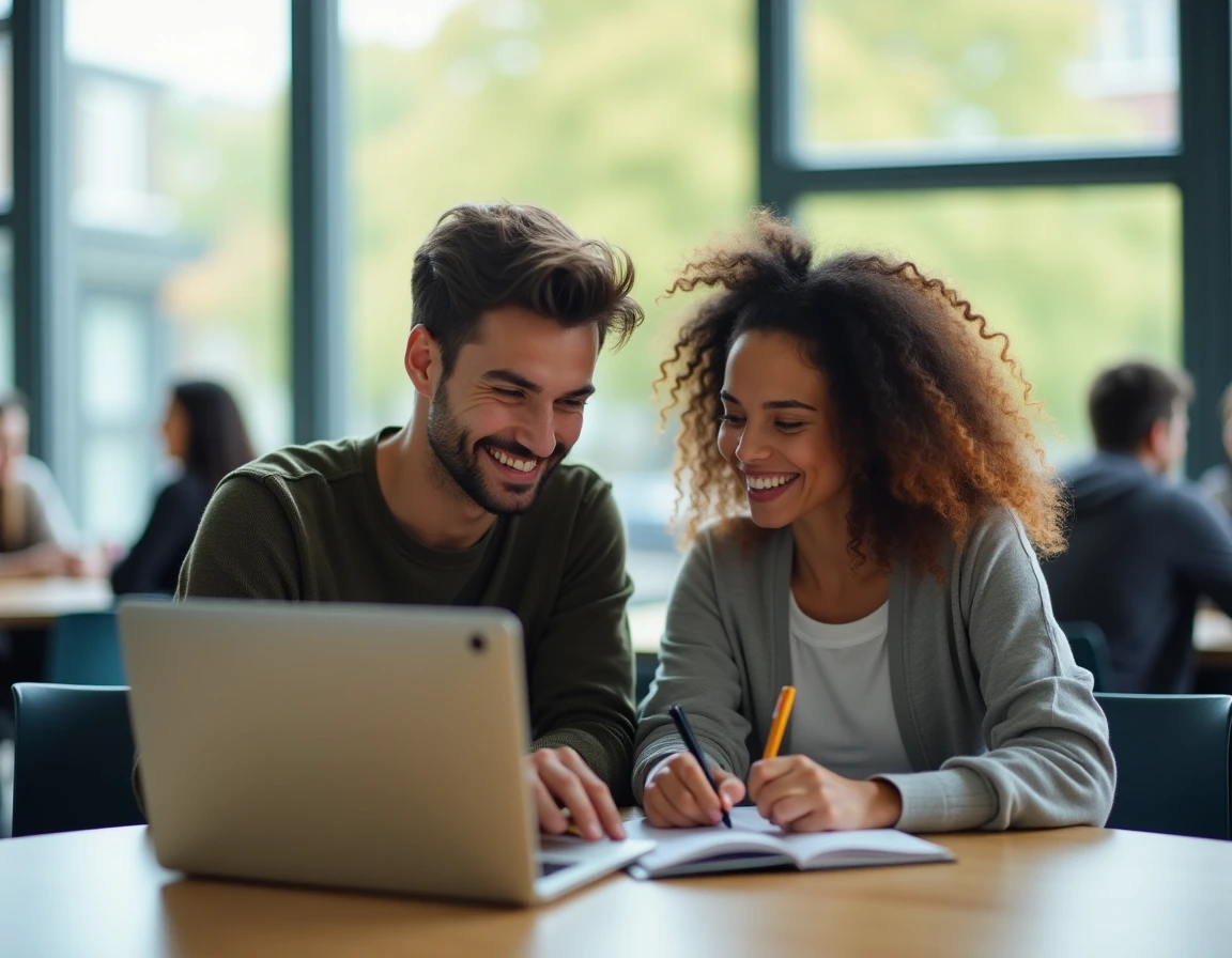 Deux étudiants consultant ensemble le webmail universitaire de Montpellier sur un campus