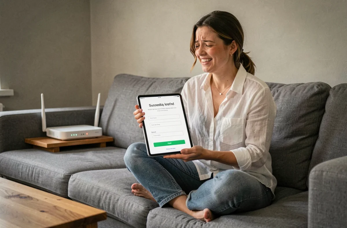 Femme consultant l'interface d'administration de son routeur sur tablette après avoir corrigé l'URL de connexion