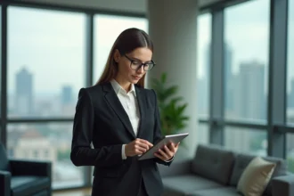 Femme d'affaires confiante utilisant une tablette dans un bureau moderne