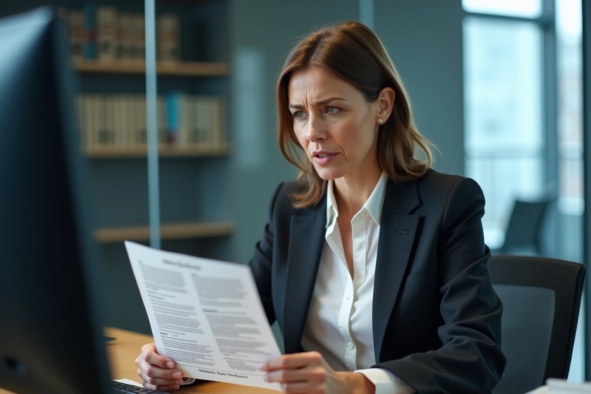 Femme d affaires examinant un document juridique au bureau