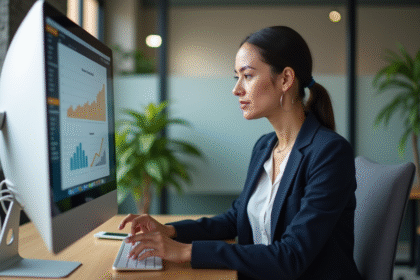 Jeune femme professionnelle analysant des données sur un ordinateur