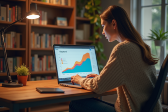 Jeune femme analysant un graphique de mots-clés sur son ordinateur