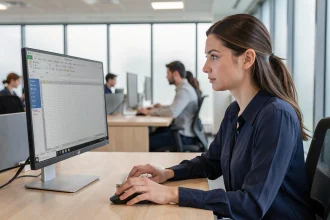 Femme professionnelle analysant un tableau Excel avec lignes et colonnes sur un écran d'ordinateur de bureau moderne