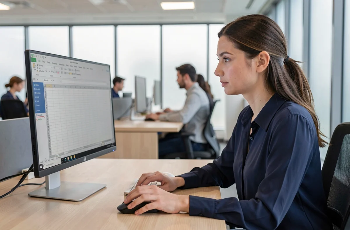 Femme professionnelle analysant un tableau Excel avec lignes et colonnes sur un écran d'ordinateur de bureau moderne