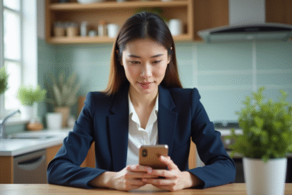 Jeune femme utilisant une application sur son smartphone dans la cuisine