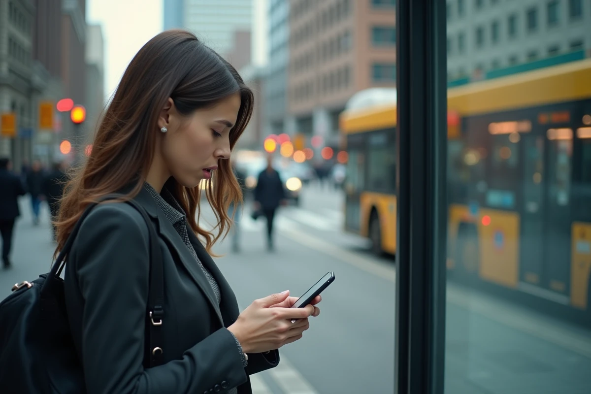 Femme regardant son email sur smartphone dans la rue