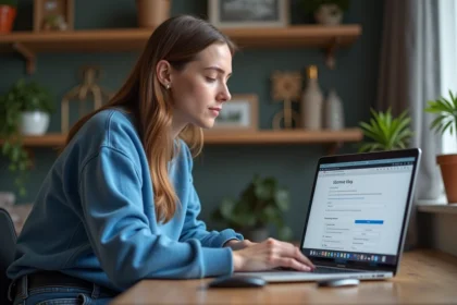 Jeune femme au bureau à domicile avec ordinateur portable