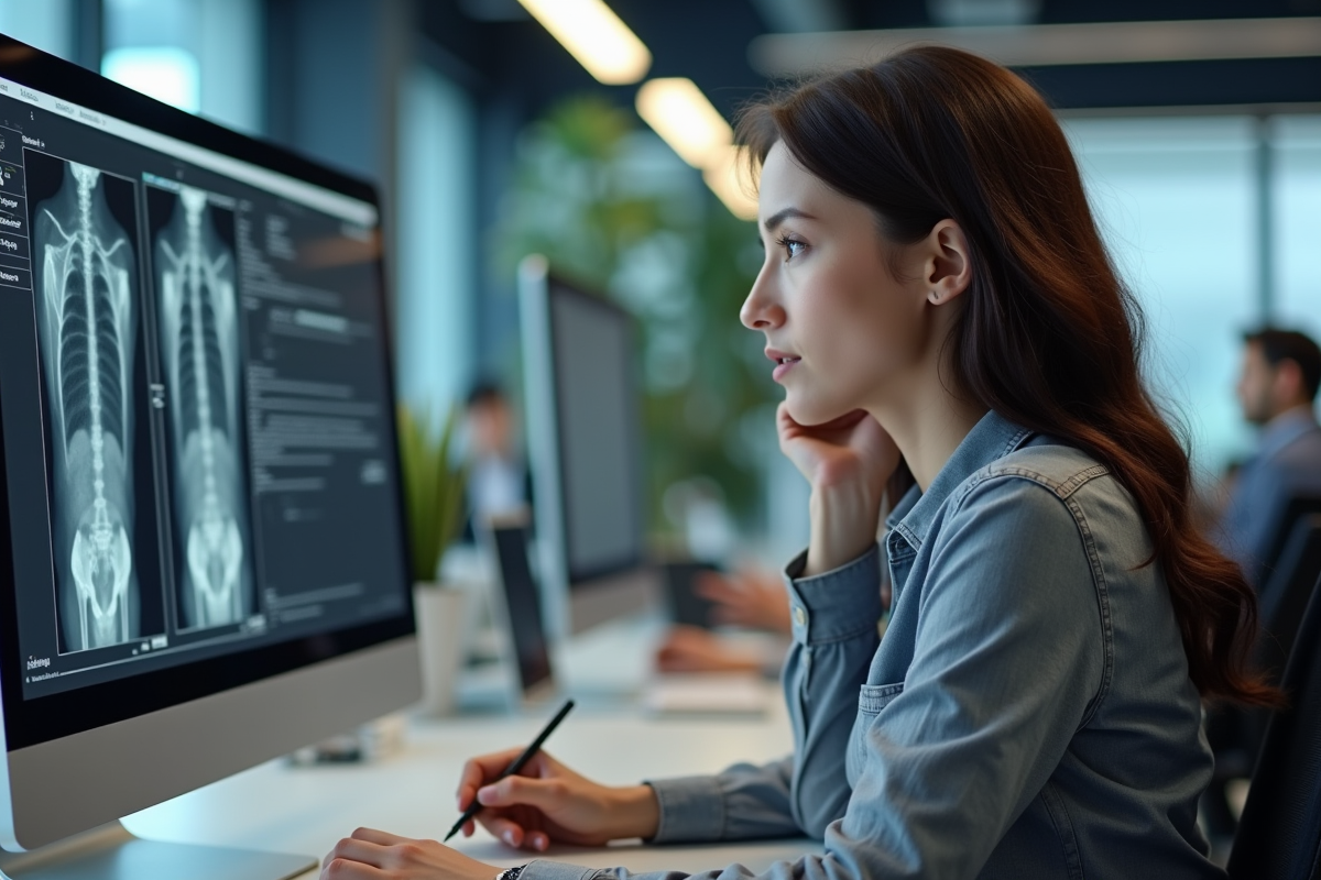 Femme au bureau analysant un rapport sur son ordinateur